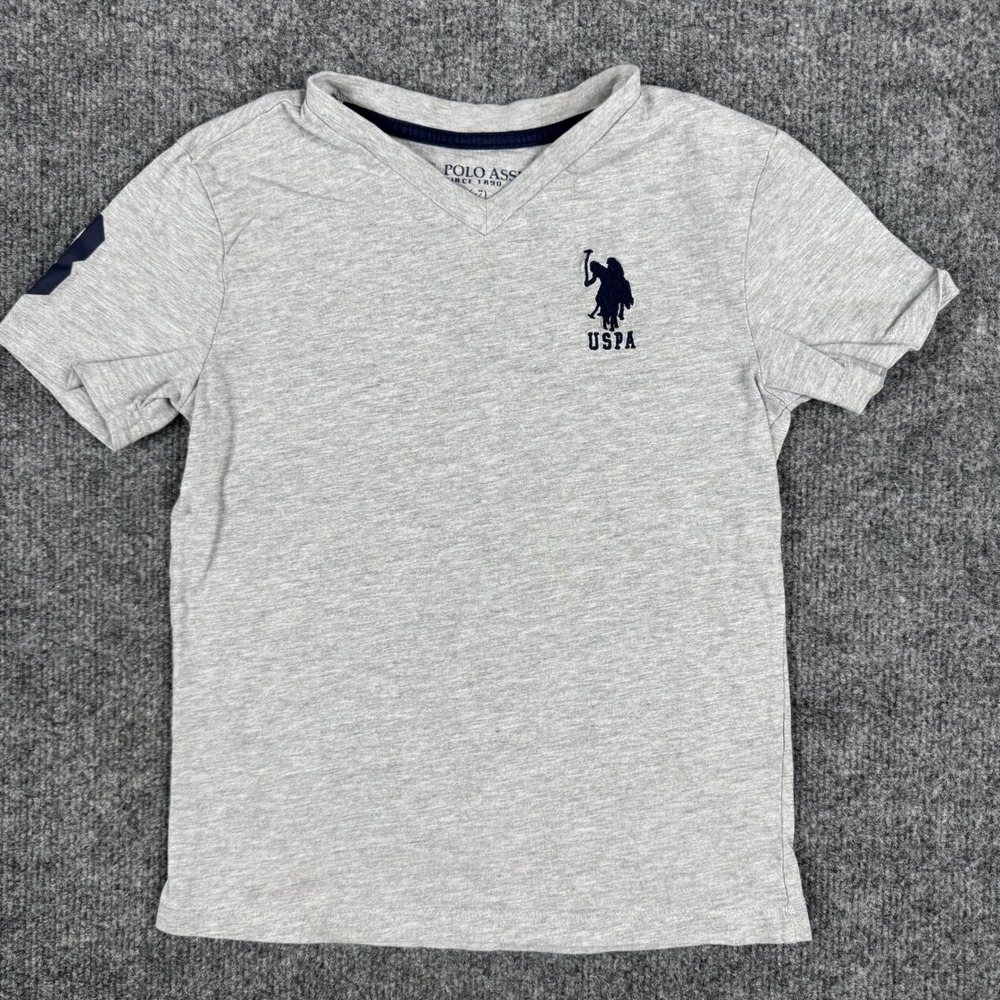 U.S. Polo Assn. T-Shirt Boys Size S 6-7 Gray Viscose V-Neck Short Sleeve Logo